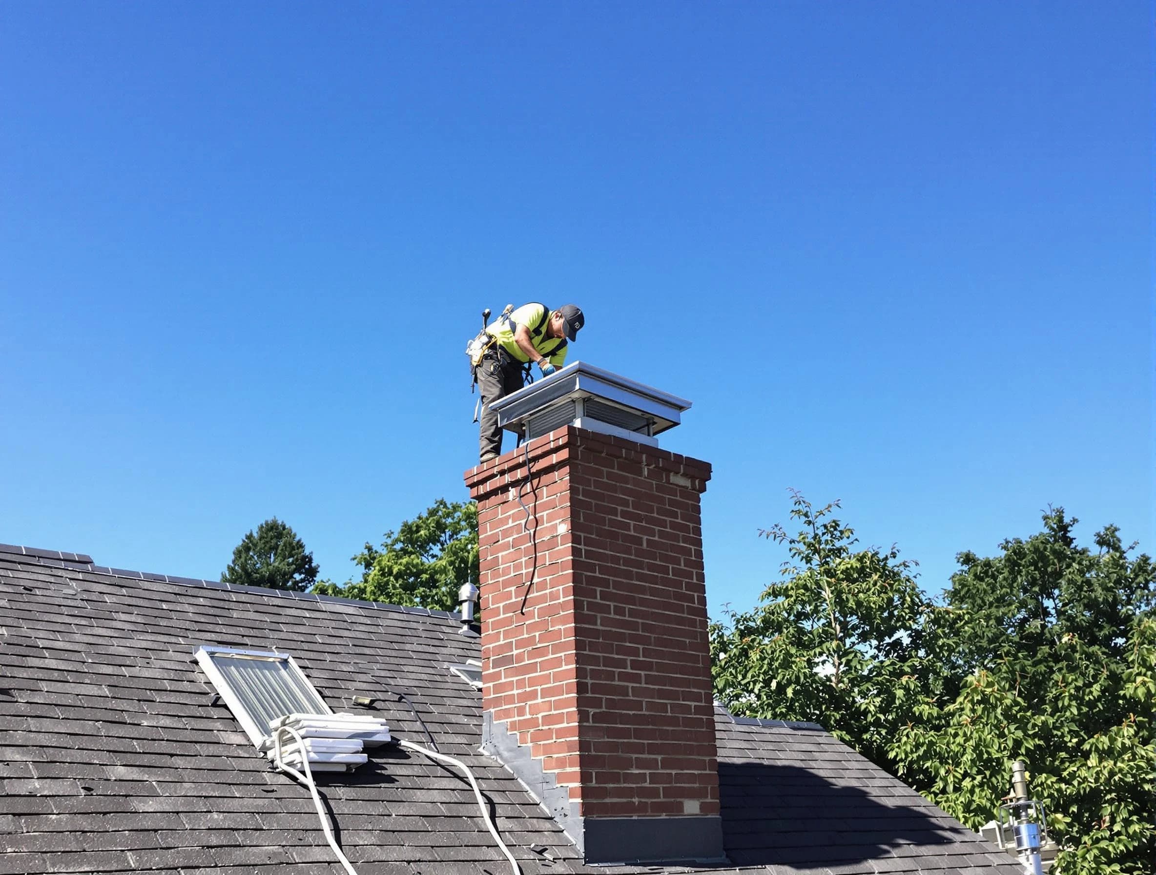 Belleville Chimney Sweep technician measuring a chimney cap in Belleville, NJ